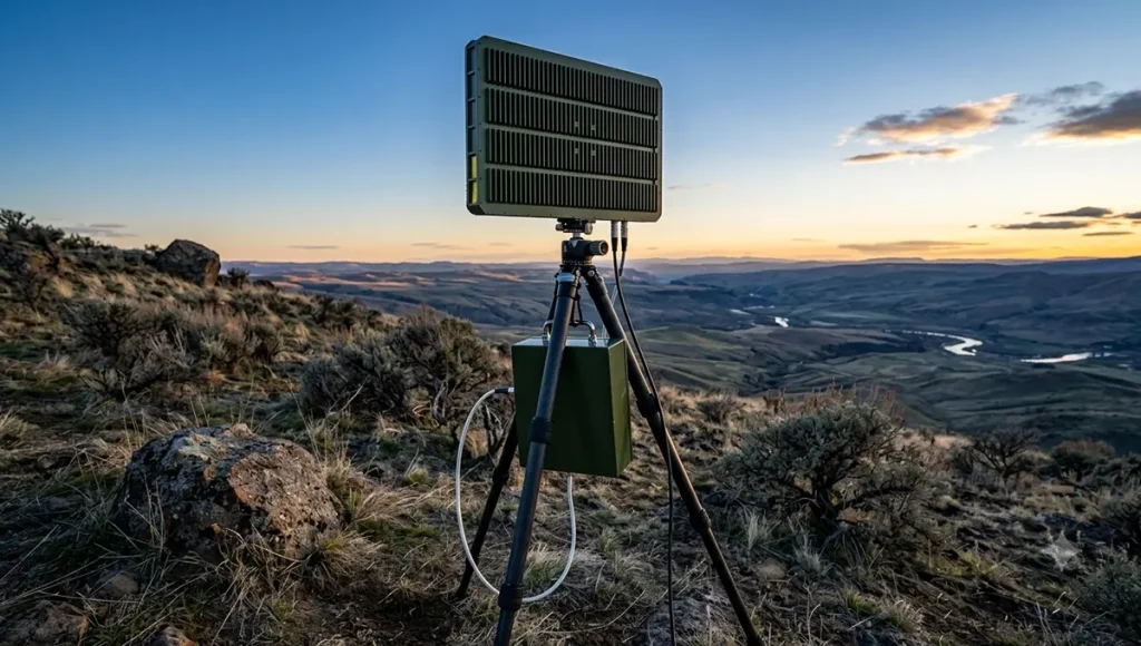 Ao anoitecer, um sistema de radar tático portátil, montado num tripé, é instalado na região selvagem e acidentada, com vista para os magníficos vales e rios.