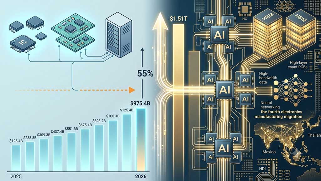 رسم بياني توضيحي لتعديل بيانات سوق الإلكترونيات العالمية (WSTS 2026). تتباين الرقائق والخوادم التقليدية (على اليسار) مع توقعات النمو الهائل المدفوع بالذكاء الاصطناعي في مجالات الدوائر المنطقية والذاكرة والتغليف المتقدم (على اليمين)، مما يؤدي إلى إعادة ترتيب سلسلة القيمة العالمية. تمت إزالة جميع التسميات.