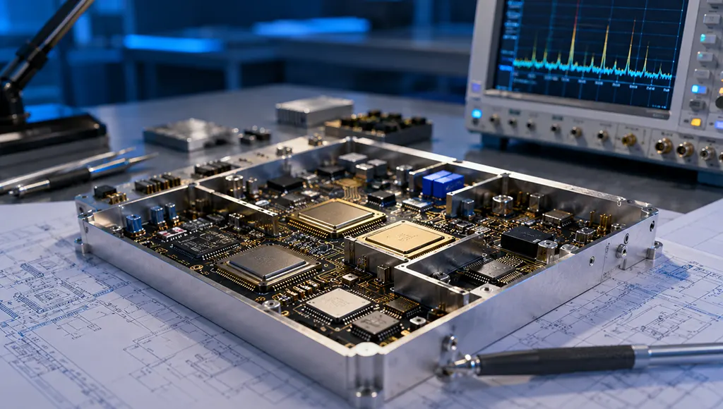 Schematic diagram of RF front-end system integration engineering, illustrating scenarios involving high-frequency PCB design, thermal management, electromagnetic compatibility, and RF signal integrity optimization.