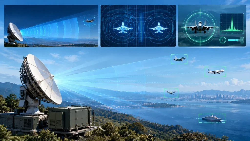 Radar range, resolution, and accuracy illustration showing radar detection of aircraft, drones, and ships using a radar antenna and target tracking systems